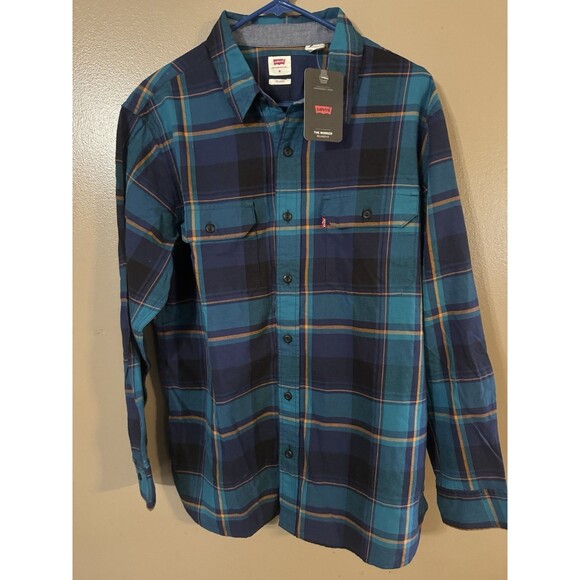 NWT Men’s blue plaid Levi’s The Worker relaxed fit Long Sleeve Button Up Sz M - Picture 1 of 3